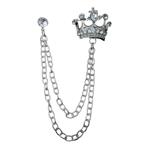 Crown Silver Tone With Rhinestones Unisex Chained Decor Brooch - Picture 2 of 8